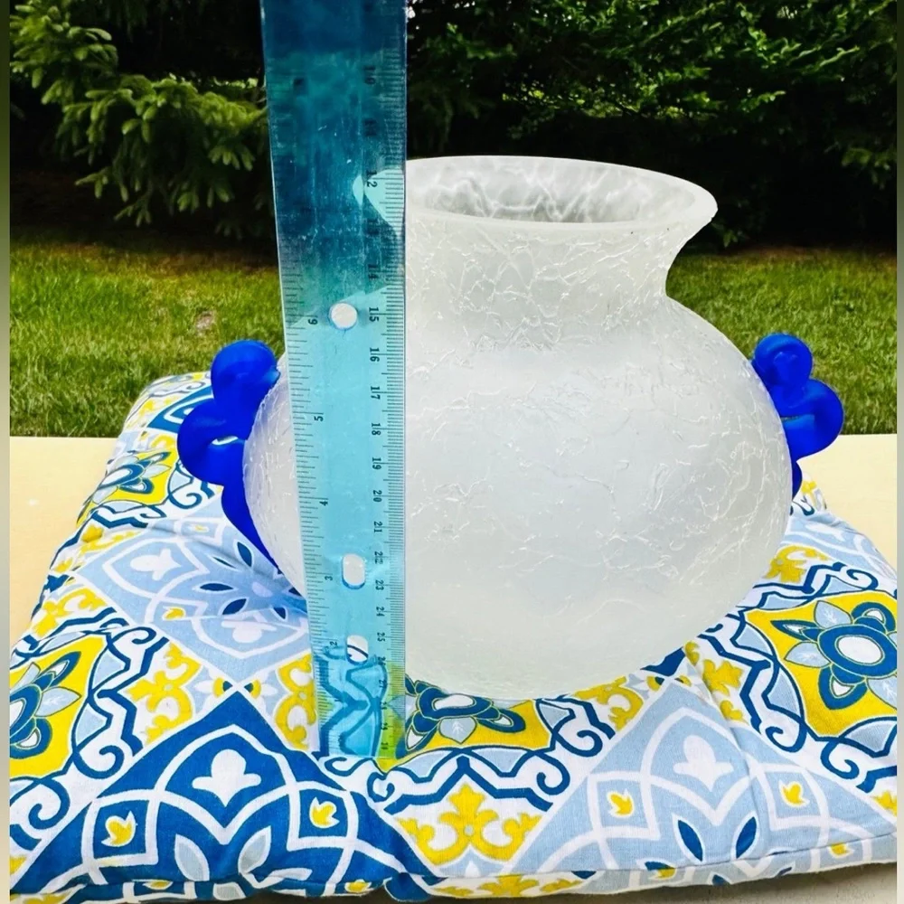 STUDIO ART FROSTED WHITE CRACKLE VASE w/ COBALT BLUE HANDLES